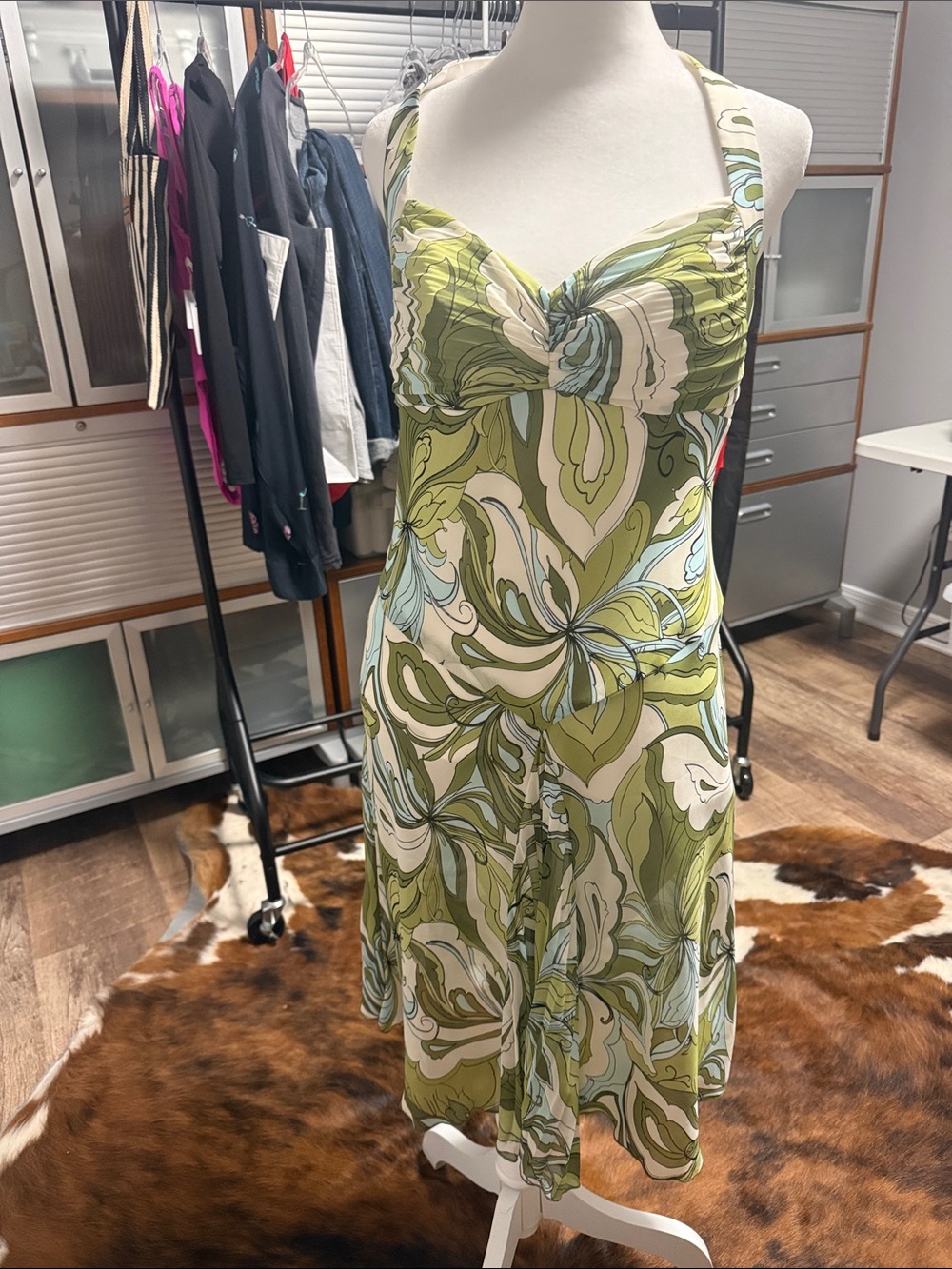 ABS Allen Schwartz Olive and White Halter Swirl Midi Dress